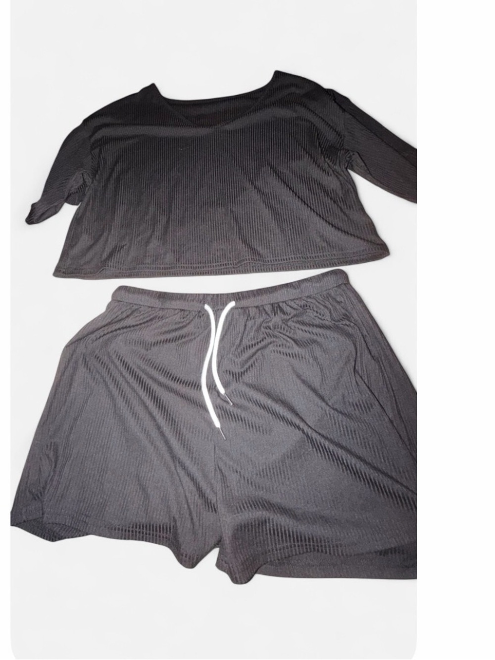 Black Ribbed Two-Piece Lounge Set - Top & Shorts